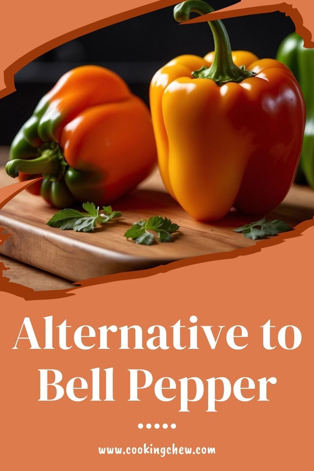 A close-up image of a red bell pepper on a wooden cutting board.
