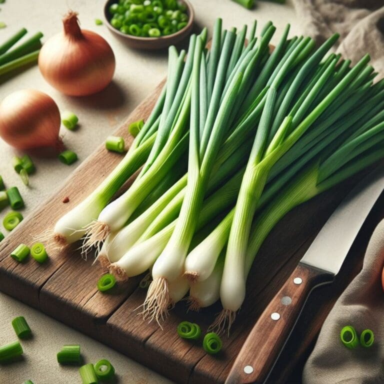 A close-up photo of a bunch of green onions on a wooden cutting board.