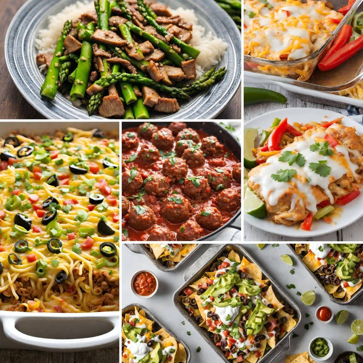 A collage of dinner ideas, including fajita chicken bake, sheet pan nachos, spicy pork asparagus stir fry, taco noodle casserole, and italian meatballs.