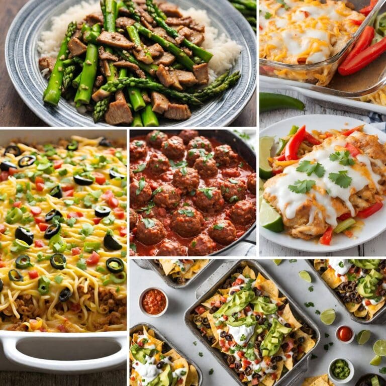 A collage of dinner ideas, including fajita chicken bake, sheet pan nachos, spicy pork asparagus stir fry, taco noodle casserole, and italian meatballs.