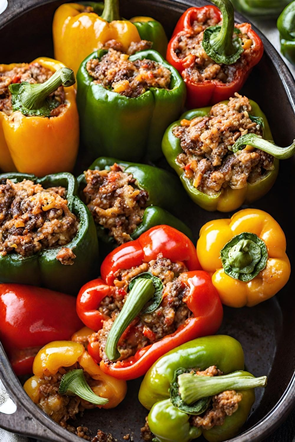 A close-up photo of a pan of colorful stuffed bell peppers. 