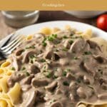 A close-up photo of a plate of beef stroganoff with egg noodles, topped with sauteed mushrooms and a dollop of sour cream.