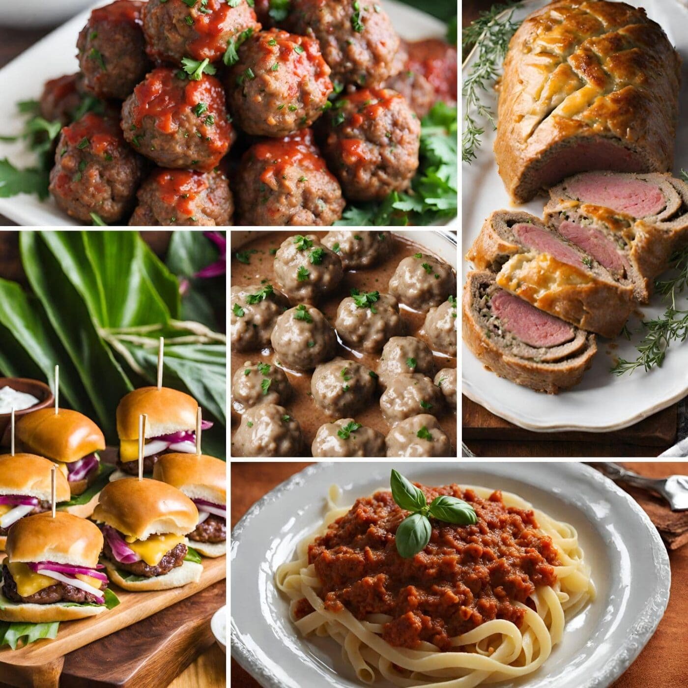 A close-up shot of a plate of meatballs, sliders, beef Wellington, and bolognese.