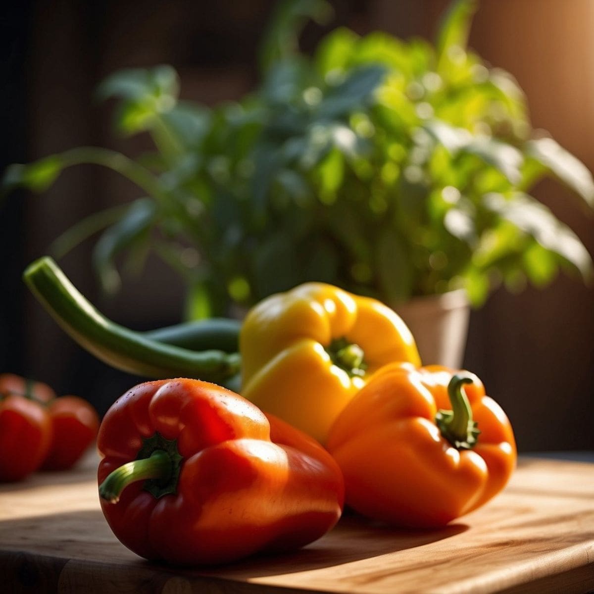 A close-up photo of several colorful bell peppers on a wooden table.