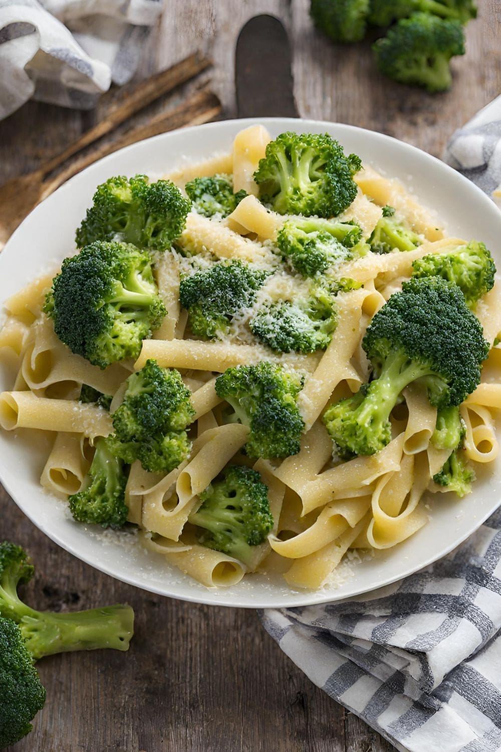 A steaming plate of pasta with broccoli and cheese, perfect for a quick and easy meal.
