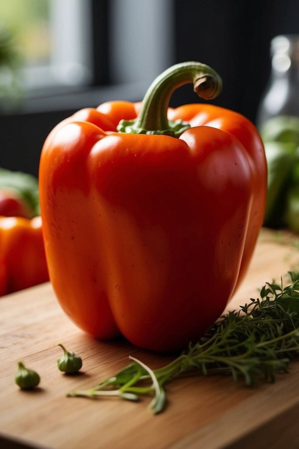 Close-up of a red bell pepper on a wooden cutting board.