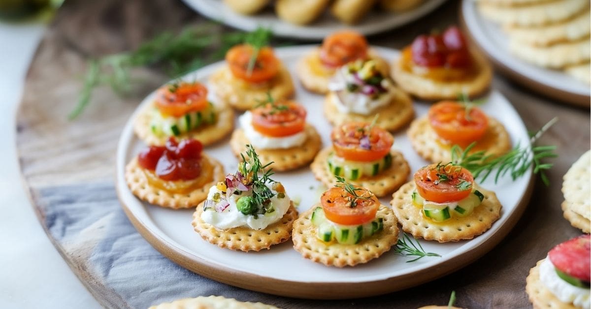Ritz Cracker Appetizers with Ham, Cheese, and Assorted Toppings