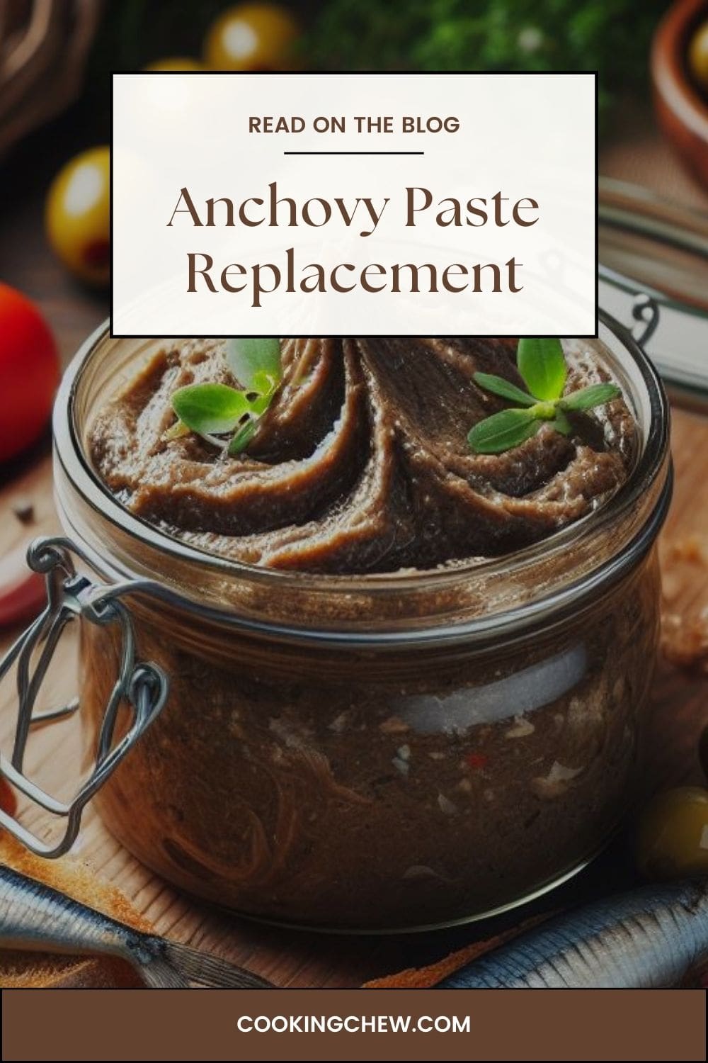 A jar of anchovy paste on a wooden table.