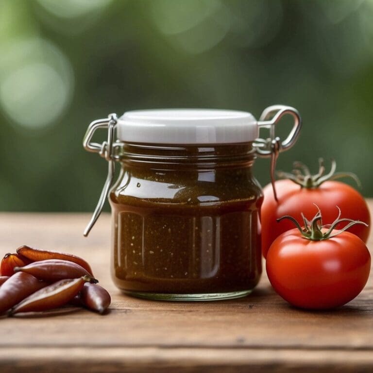 A glass jar of anchovy paste sits on a wooden table next to a bowl of red cherry tomatoes.