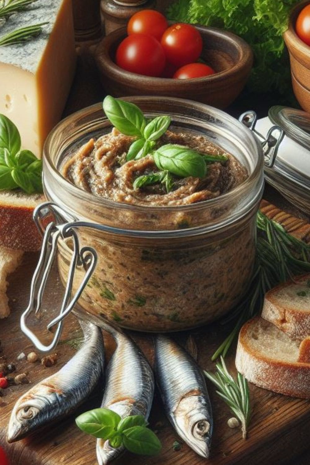 A glass jar filled with anchovy paste sits on a wooden table next anchovies