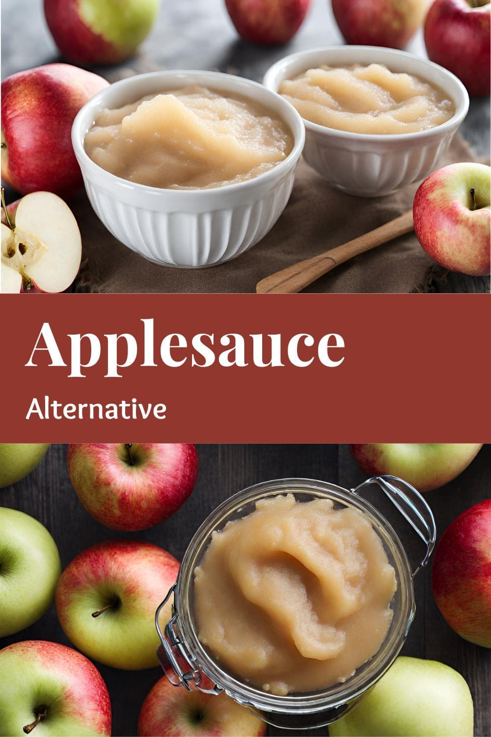 Two bowls of applesauce on a wooden table surrounded by apples.