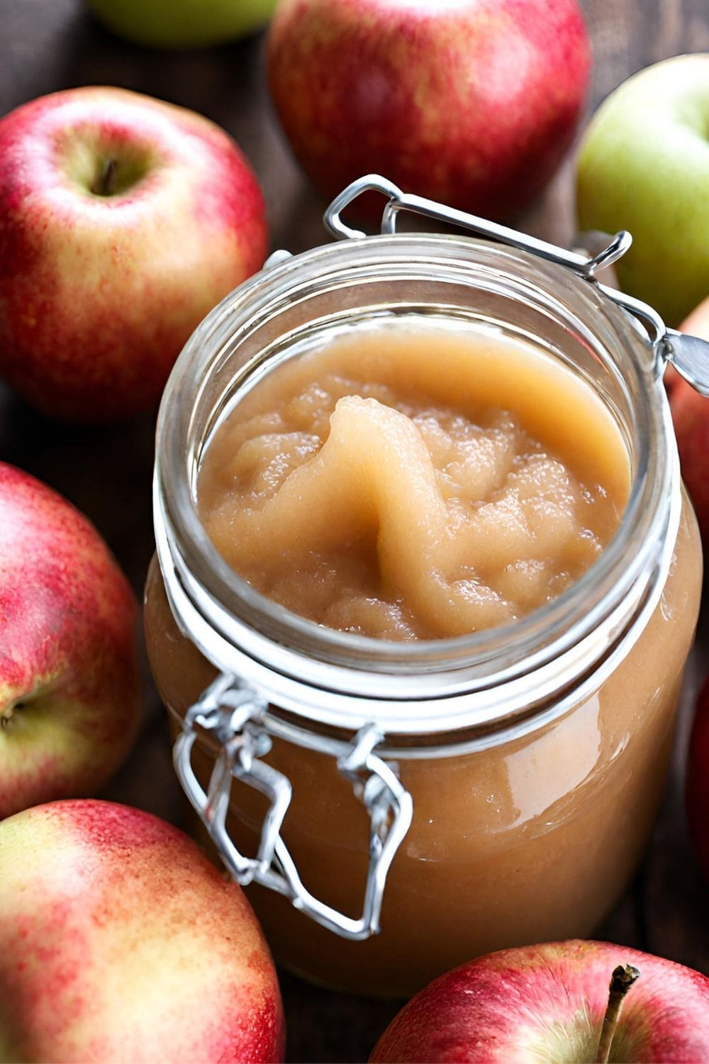 A close-up photo of a jar of applesauce surrounded by apples on a wooden table.
