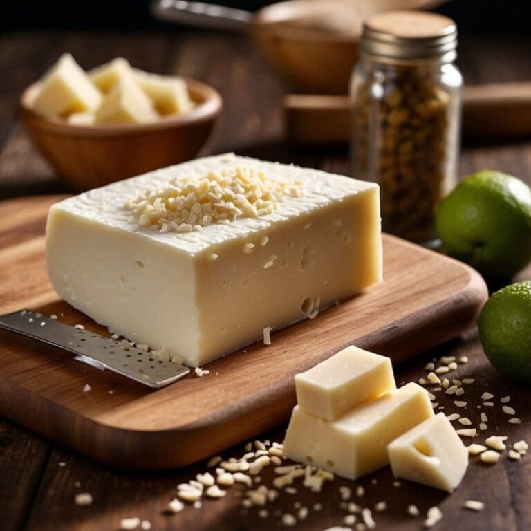 A close-up photo of a wedge of Cotija cheese on a wooden cutting board.