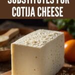 A close-up photo of a block of cotija cheese on a wooden cutting board, with shredded cheese scattered around it.