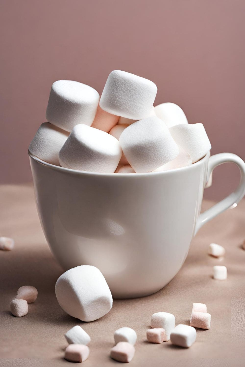 A cup filled with marshmallows on a wooden table. 