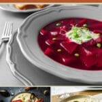 A close-up view of hearty holiday soups, including a plate of beet soup, a bowl of cream of asparagus soup, and clam chowder.