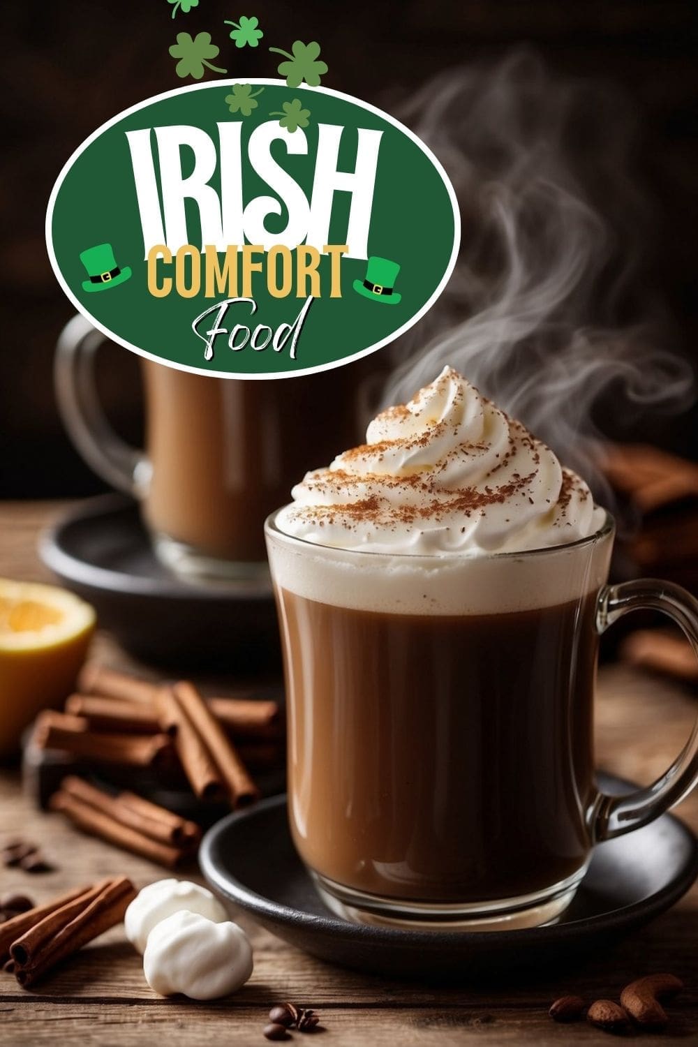 A steaming cup of irish coffee with whipped cream and two cinnamon sticks on a wooden table. 