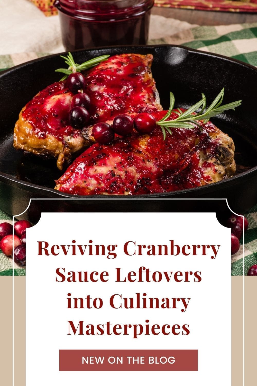 A mouthwatering close-up of a juicy chicken breast enveloped in a glistening cranberry glaze, nestled in a rustic cast iron skillet.