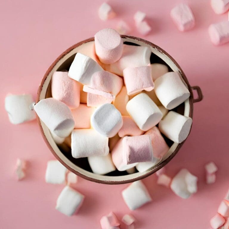 A pink ceramic bowl filled with fluffy pink and white marshmallows.