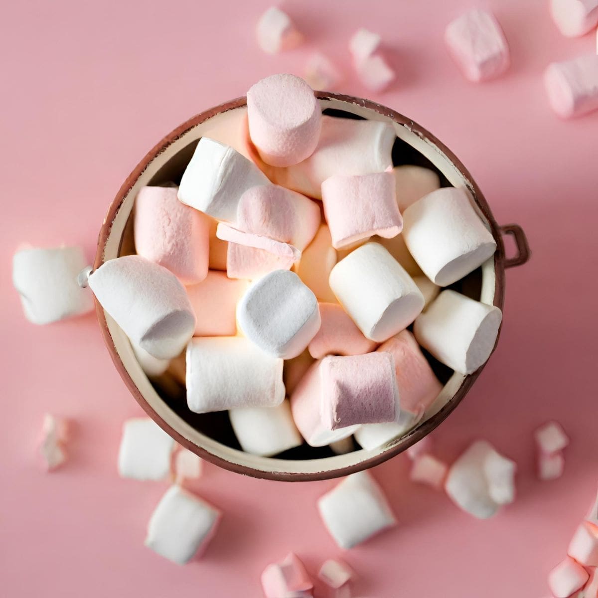 A pink ceramic bowl filled with fluffy pink and white marshmallows.