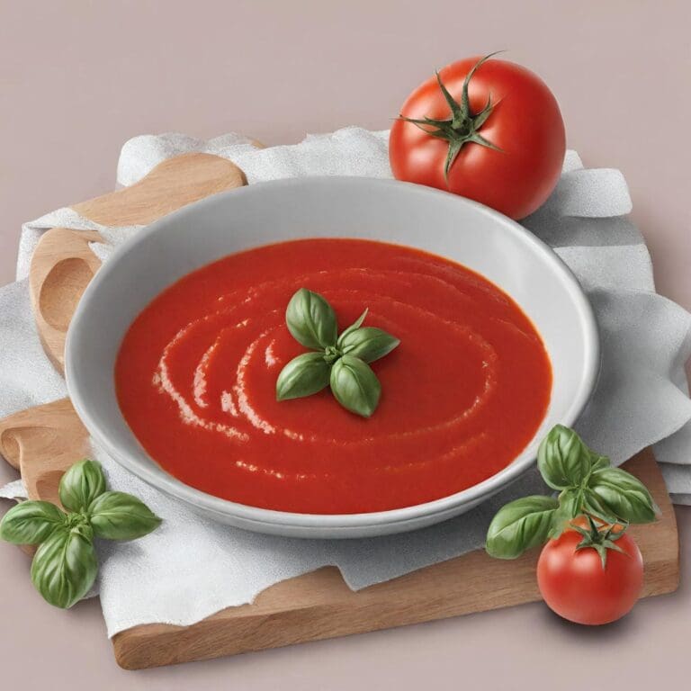 A close-up photo of a bowl of tomato soup with basil on top.