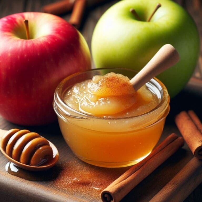 The image shows a white ceramic bowl of applesauce with honey and cinnamon sticks on a wooden cutting board.