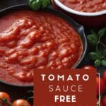 A close-up photo of two bowls of tomato sauce with tomatoes in the background.