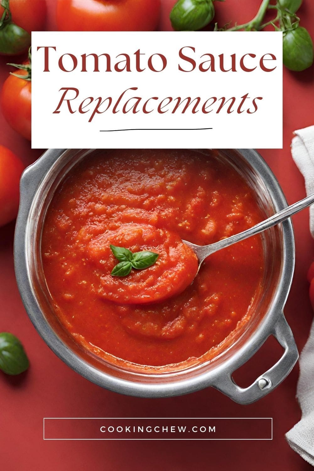 A close-up photo of a bowl of tomato sauce with a spoon in it. 