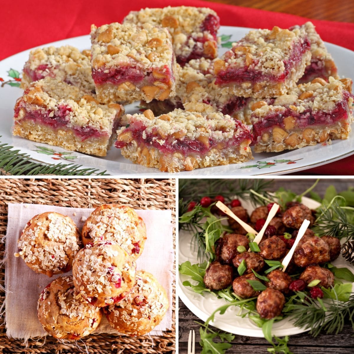 A close-up photo of a plate of cranberry desserts, including muffins and meatballs.