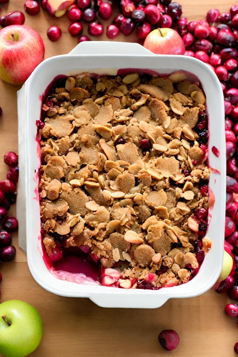 A close-up photo of a rustic bowl brimming with apple crisp, its golden-brown topping glistening with melted butter and a dollop of cranberry sauce adding a vibrant splash of color.