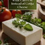A close-up photo of a block of cotija cheese on a wooden cutting boar