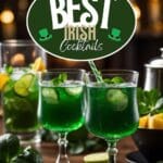 Three green cocktails in rocks glasses with ice and lime wedges sit on a wooden table.