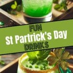 Collage photo of two glasses of st patrick’s day cocktails with a shamrock on a tray.