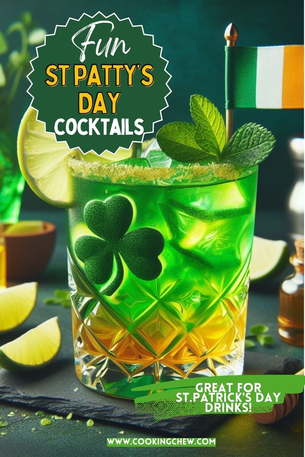 A green cocktail in a glass with a shamrock design is displayed on a table. 