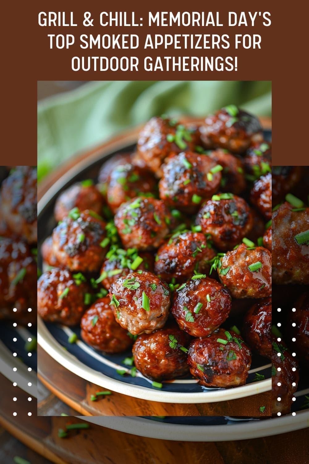 A plate of smoked meatballs with chopped green onions on a wooden table.