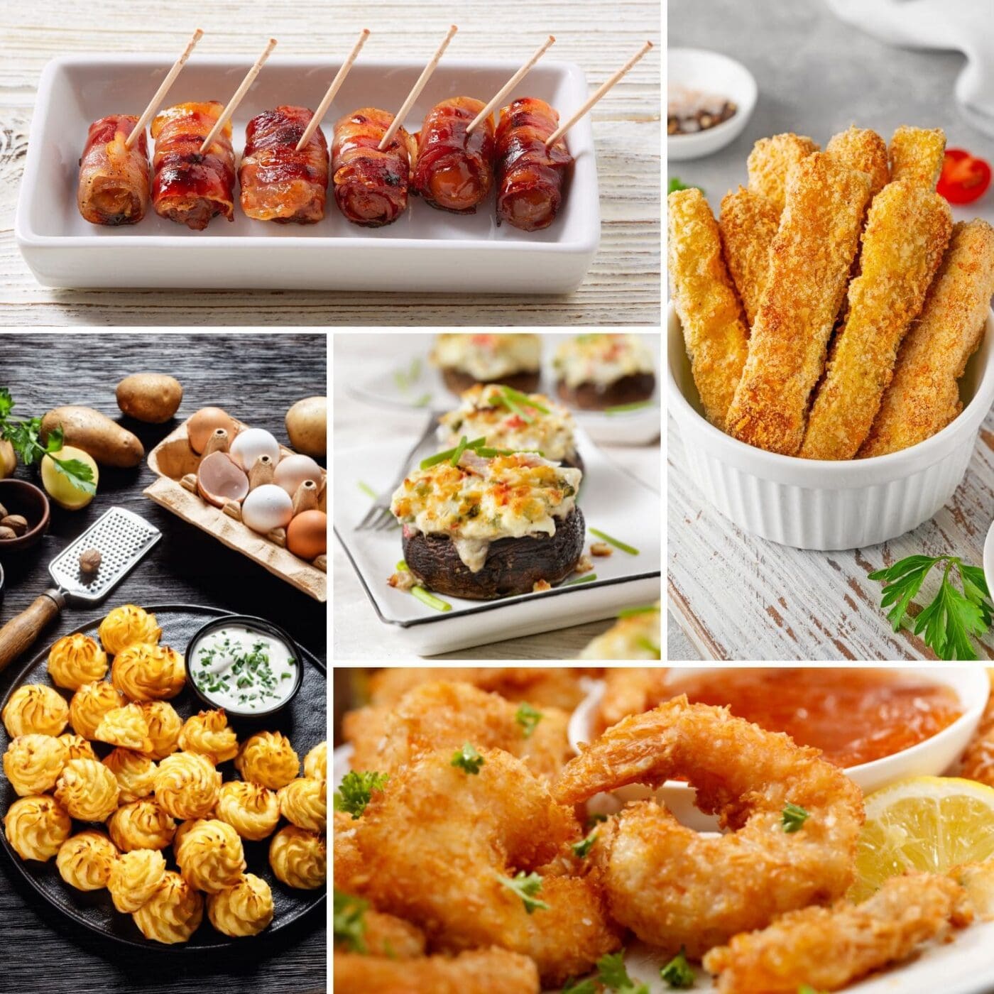 A collage of new year’s eve appetizers including baked parmesan zucchini, crab stuffed mushroom, a plate duchess potatoes, coconut shrimp, and bacon wrapped dates.