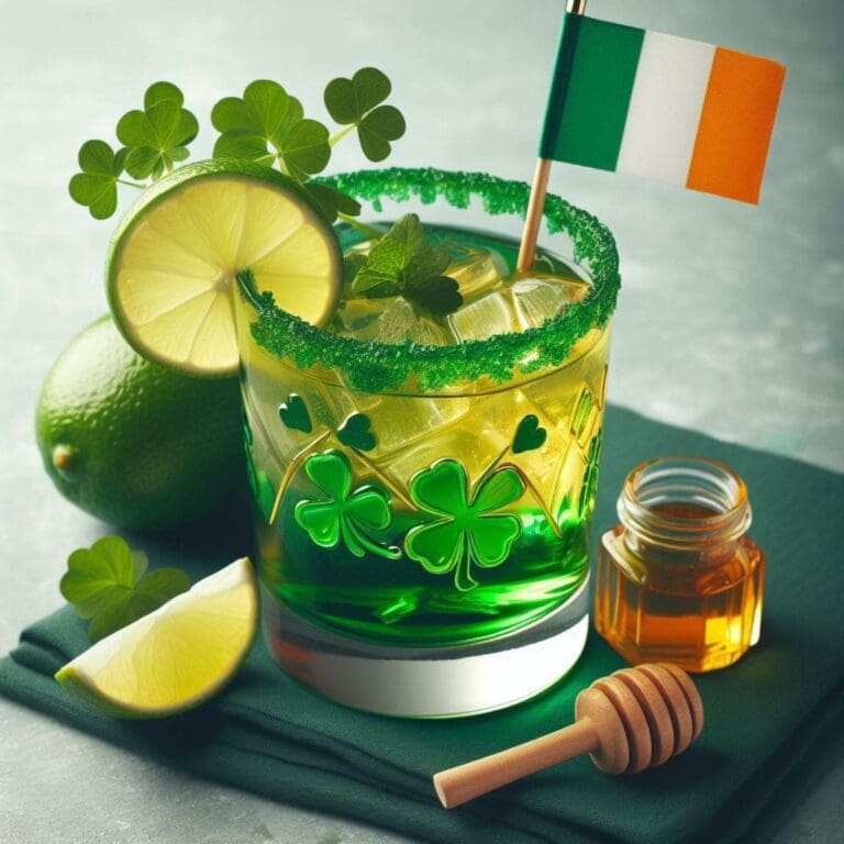 A glass of green colored drink with a lime wedge on the rim sits on a table.
