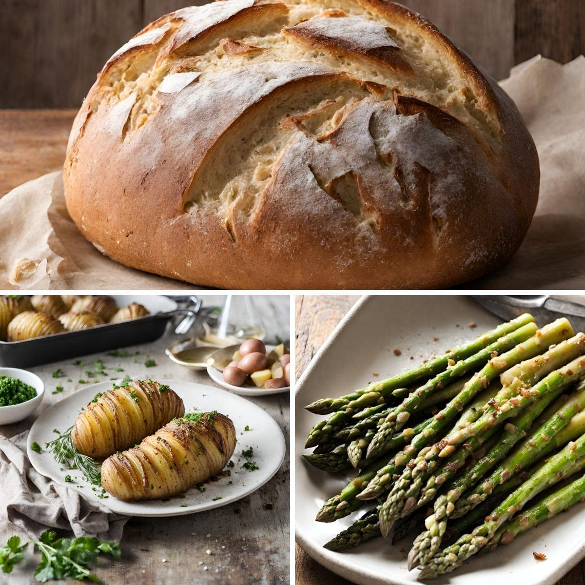 A photo collage of beef stew side dishes, including hasselback potatoes, roasted asparagus, and crusty bread.