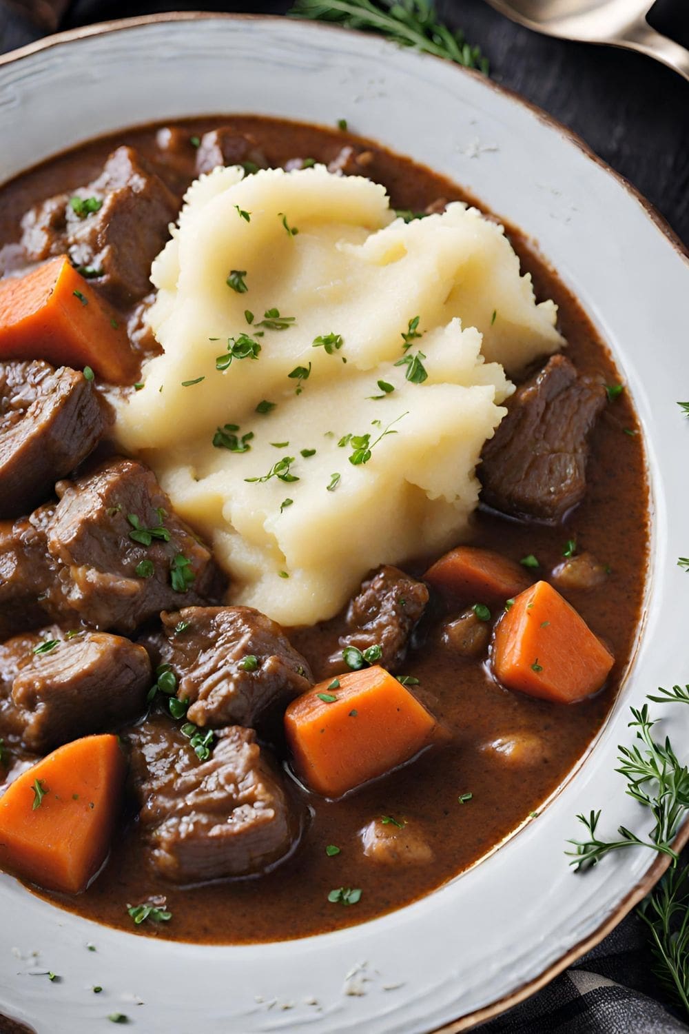 A hearty bowl of beef stew with tender chunks of meat, soft mashed potatoes, and bright orange carrots, served on a simple white plate.