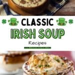 Two bowls sit on a wooden table. The bowl on the top is filled with irish creamy cauliflower soup. The bowl on the bottom is filled with guinness onion soup.