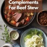 A close-up photo of a rustic pot filled with beef stew with sides.