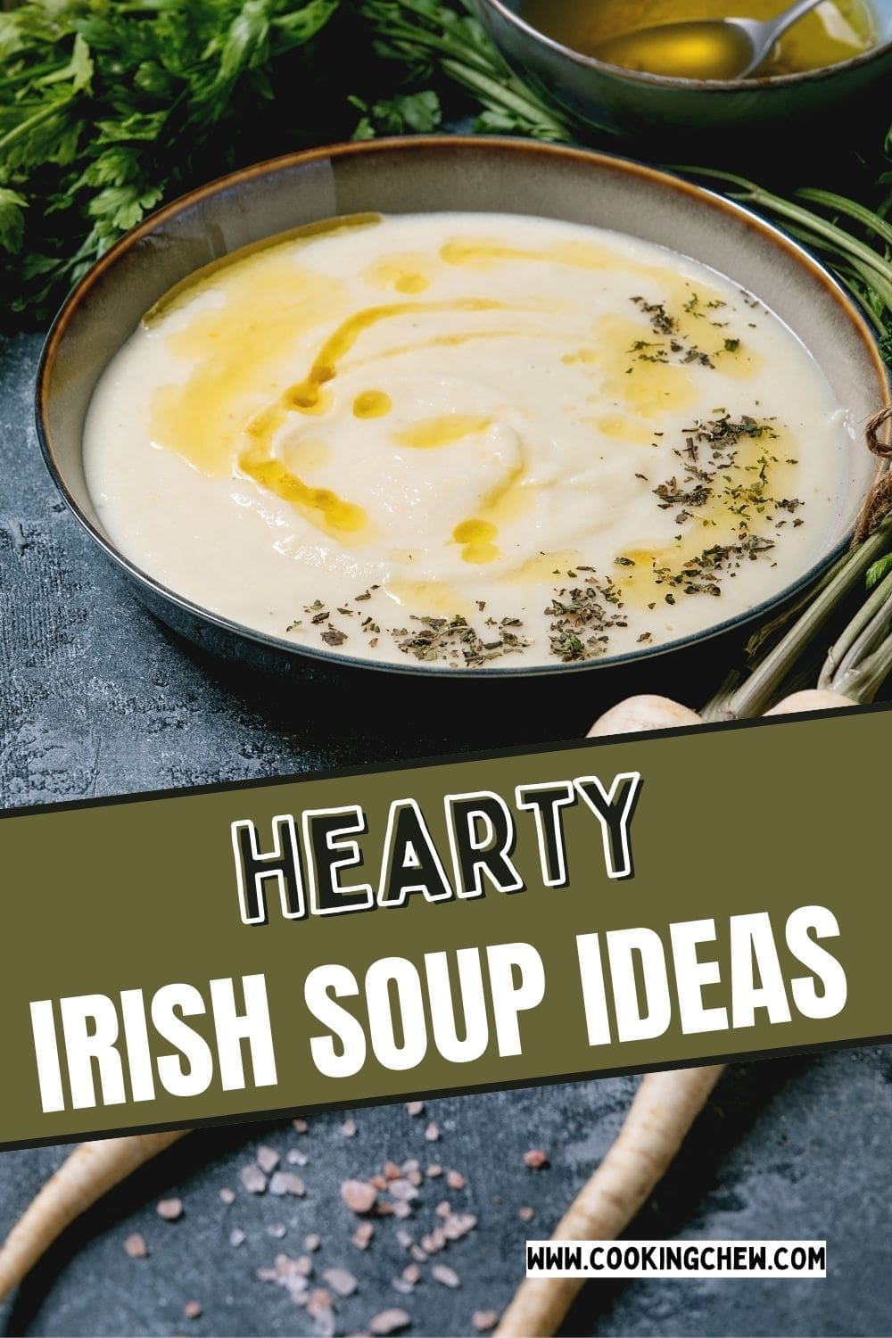 A bowl of Irish soup with parsley and olive oil on a gray background.