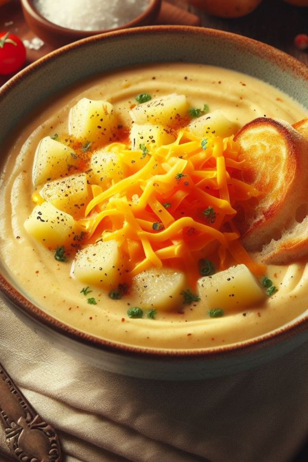 A bowl of potato cheddar soup with a slice of bread on the side. 