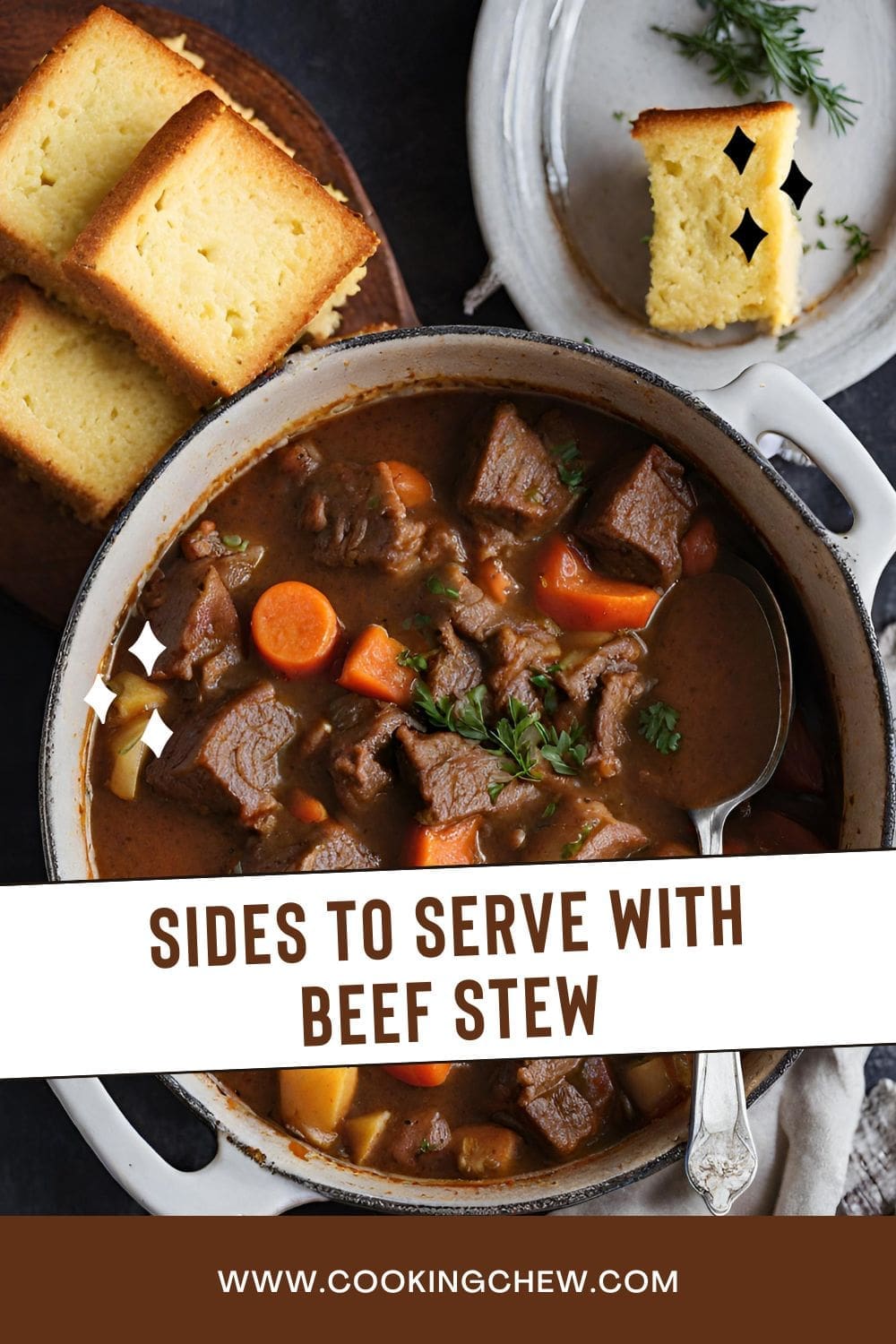 Hearty beef stew with carrots and potatoes, served with cornbread.