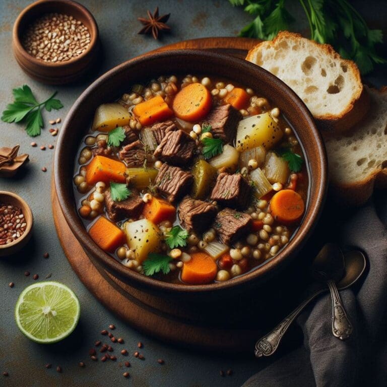 A bowl of beef barley stew.