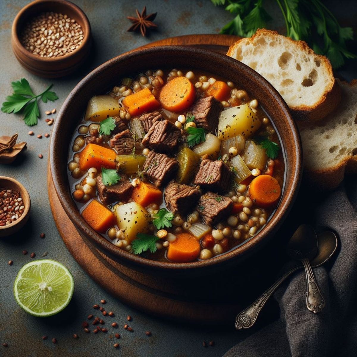 A bowl of beef barley stew.