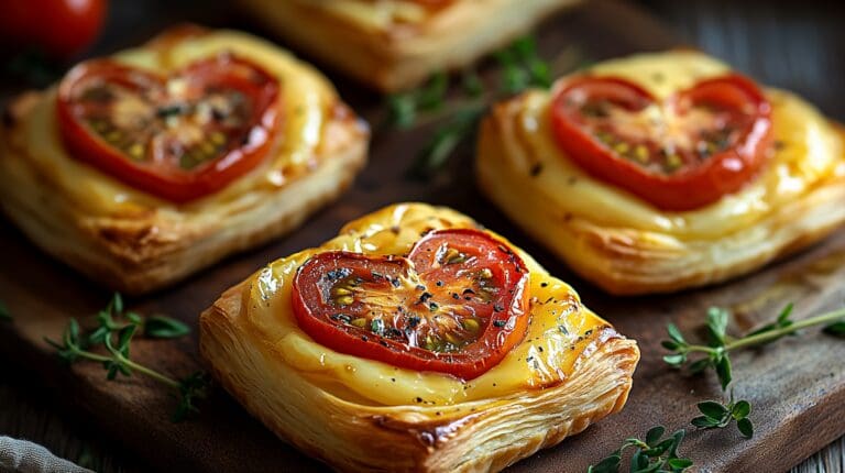 Puff pastry appetizers with heart-shaped slices of tomato