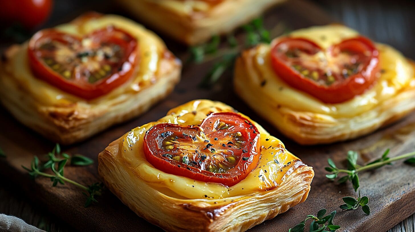 Puff pastry appetizers with heart-shaped slices of tomato