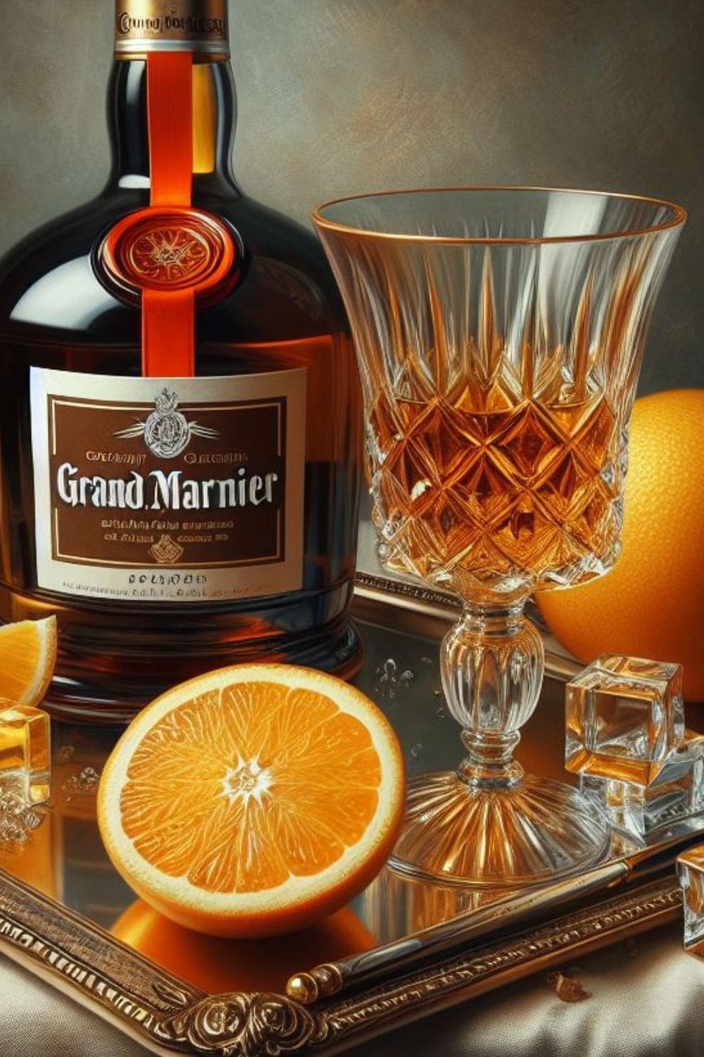 A bottle of Grand Marnier liqueur, a peeled orange, and a glass on a dark surface.
