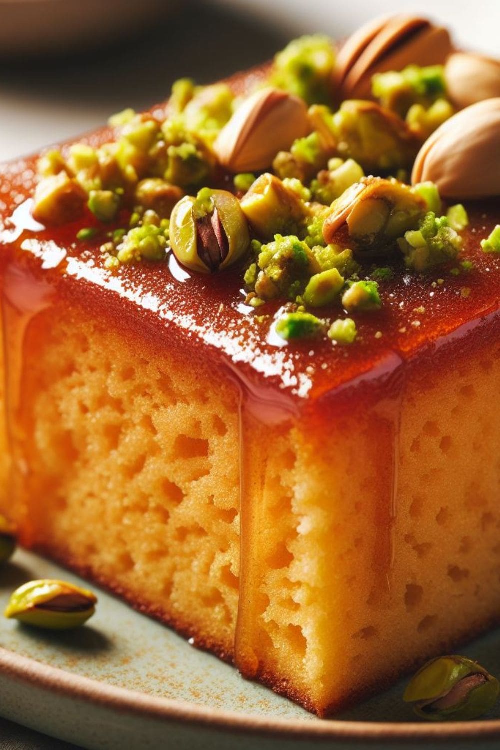 A slice of honey cake with pistachio on a plate.